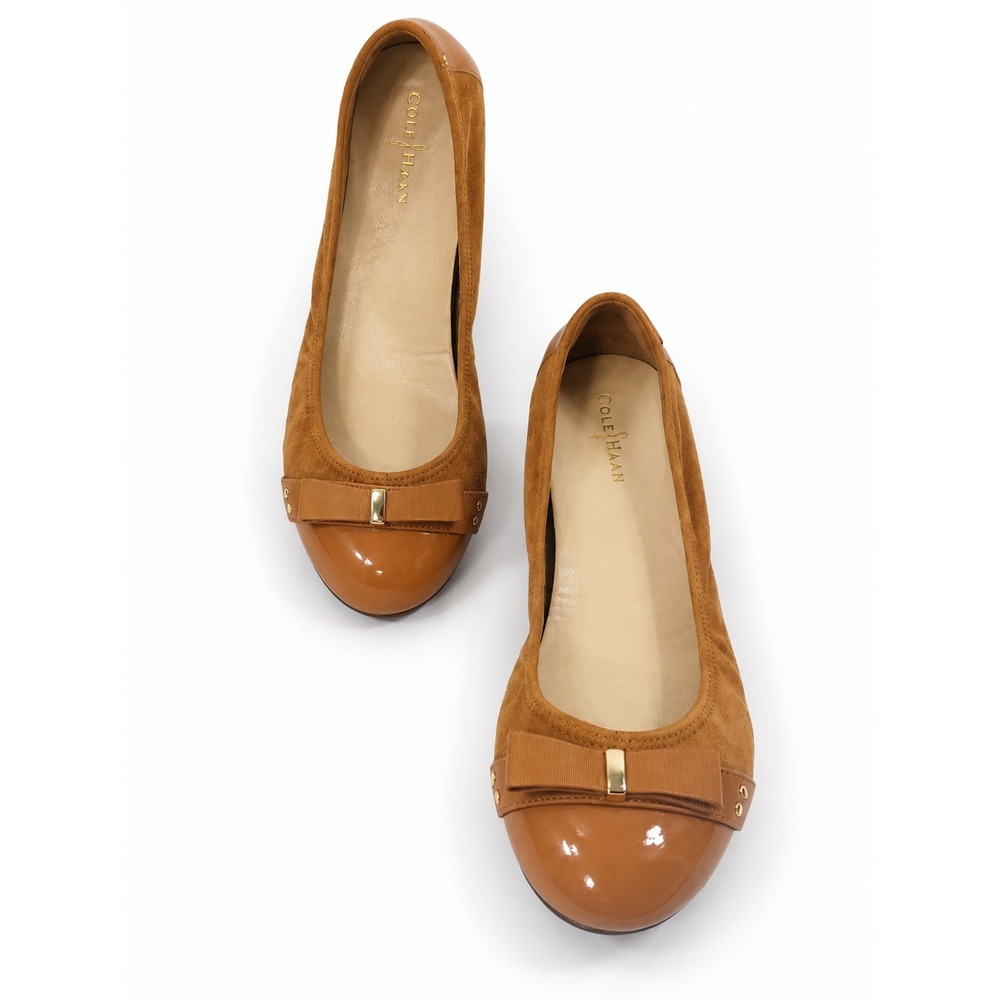 Y2K Cole Haan Nike Air Ballet Flats 8 Cognac Suede Patent Toe Bow